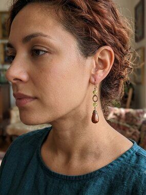 Vintage Beaded Drop Earrings Bronze and Green Dangle